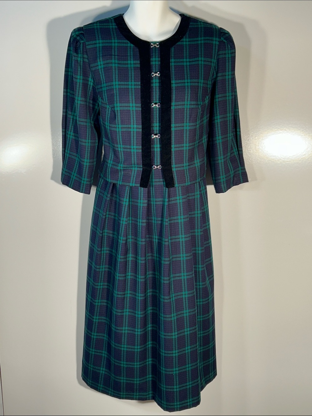 Lady Dorby SZ 16 Vintage Navy Plaid Dress Velvet Trim 80s Modest Classic Preppy